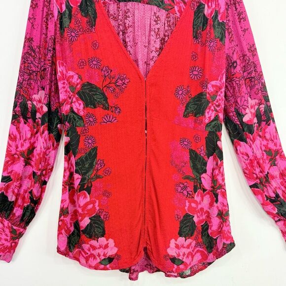Free People Mikayla Red Pink Floral Hook Closure Blouse  in Scarlett Combo - Picture 9 of 16